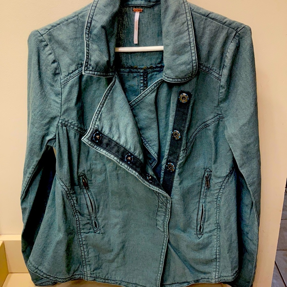 Free People Teal/Gray Linen Moto-jacket. Small